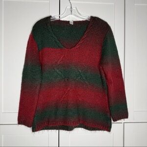Vintage Y2K 2000s Red Green Ombre Sweater V Neck Wool Blend Christmas Holiday!